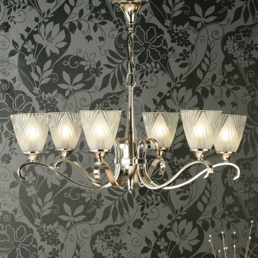 Columbia Nickel 6 Light Chandelier Deco Art Glass Shades - New Classics Interiors 1900 Lighting