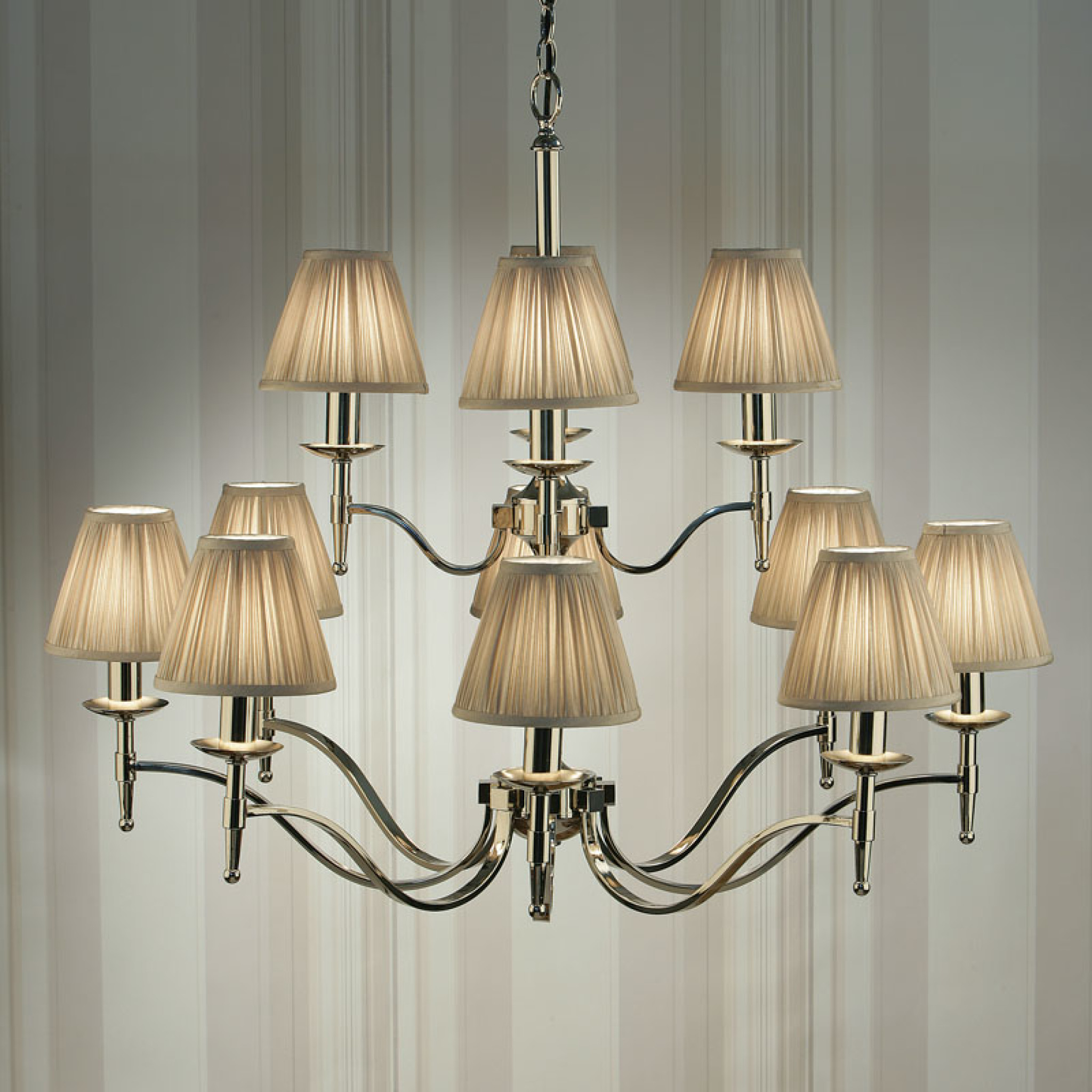 Stanford Nickel 12 Light Chandelier Beige Shades New Classics Interiors 1900 Lighting