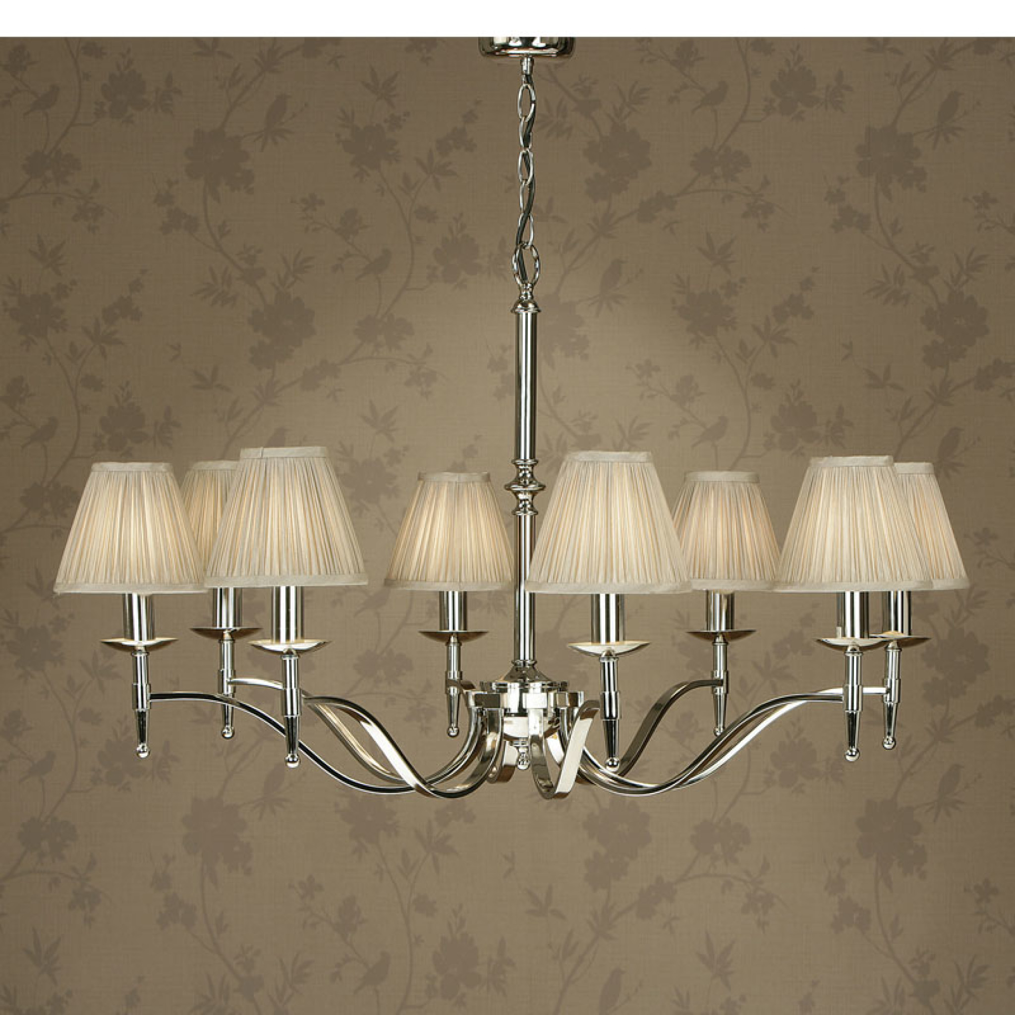 Stanford Nickel 8 Light Chandelier Beige Shades New Classics Interiors 1900 Lighting